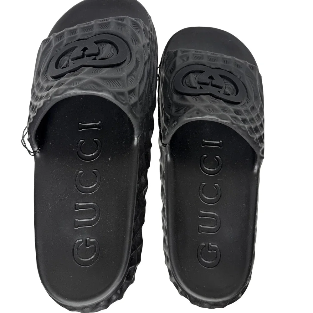 Gucci Slide Sandals Mens 13 Black Rubber Water Ripple Interlocking G Logo 770801